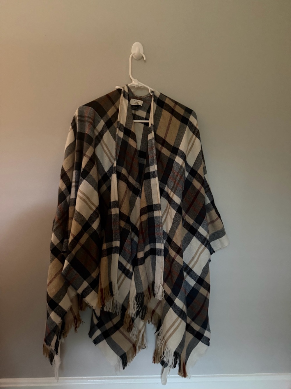 David and Young Plaid Fringe Cape Shawl - Cream, Black, Brown NWOT